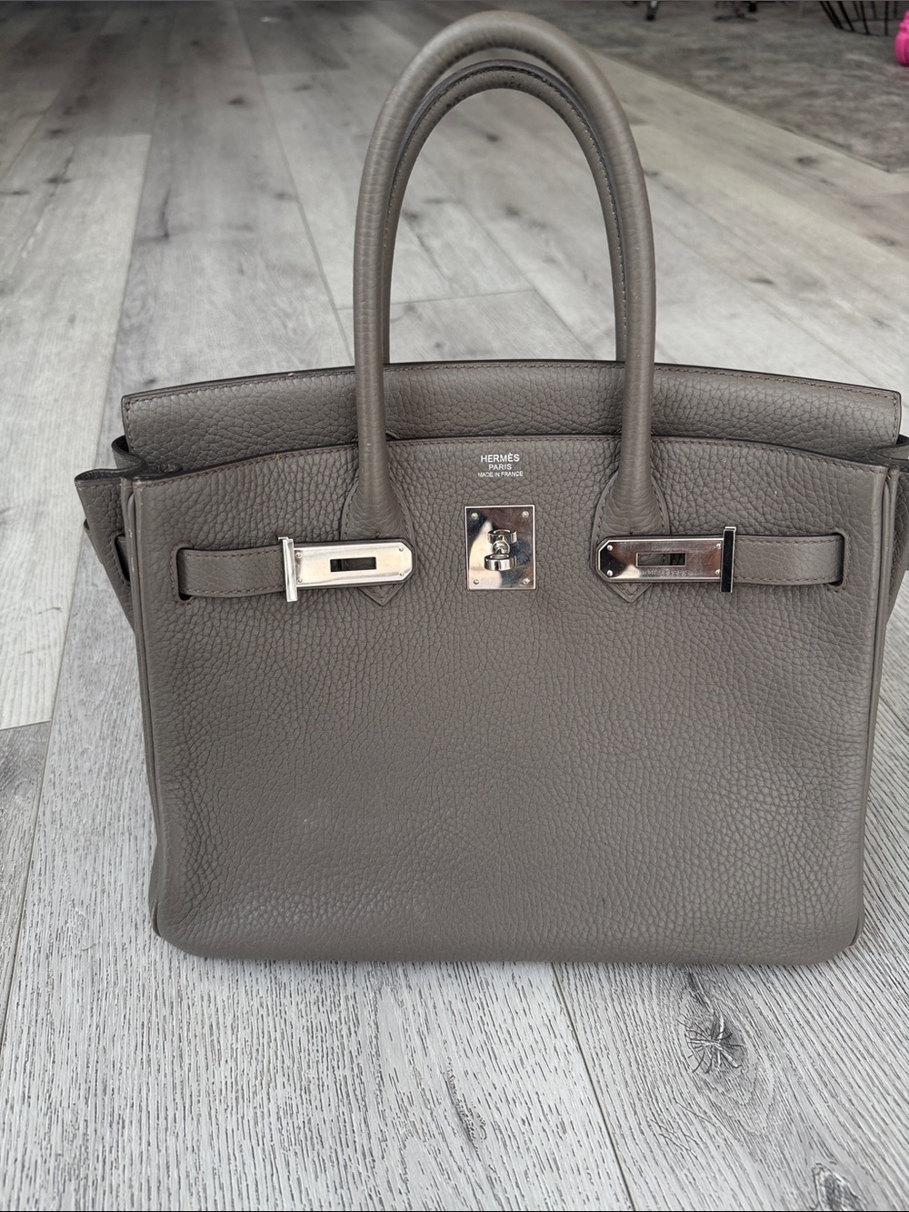 Hermes Birkin 30 
Taupe/Gray Pebbled Leather Satchel with Silver Hardware